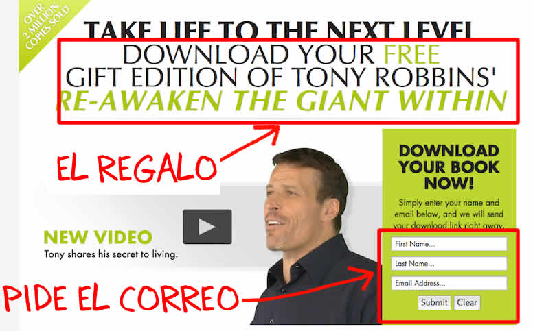 Ejemplo imán de prospectos de Tony Robbins